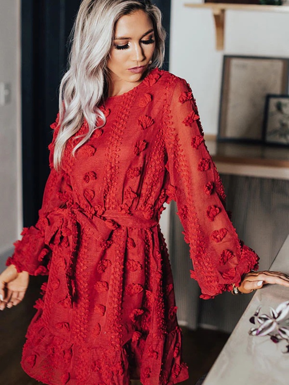 Vici Red Textured Long-Sleeve Mini Dress with Waist Tie & Pom Detail